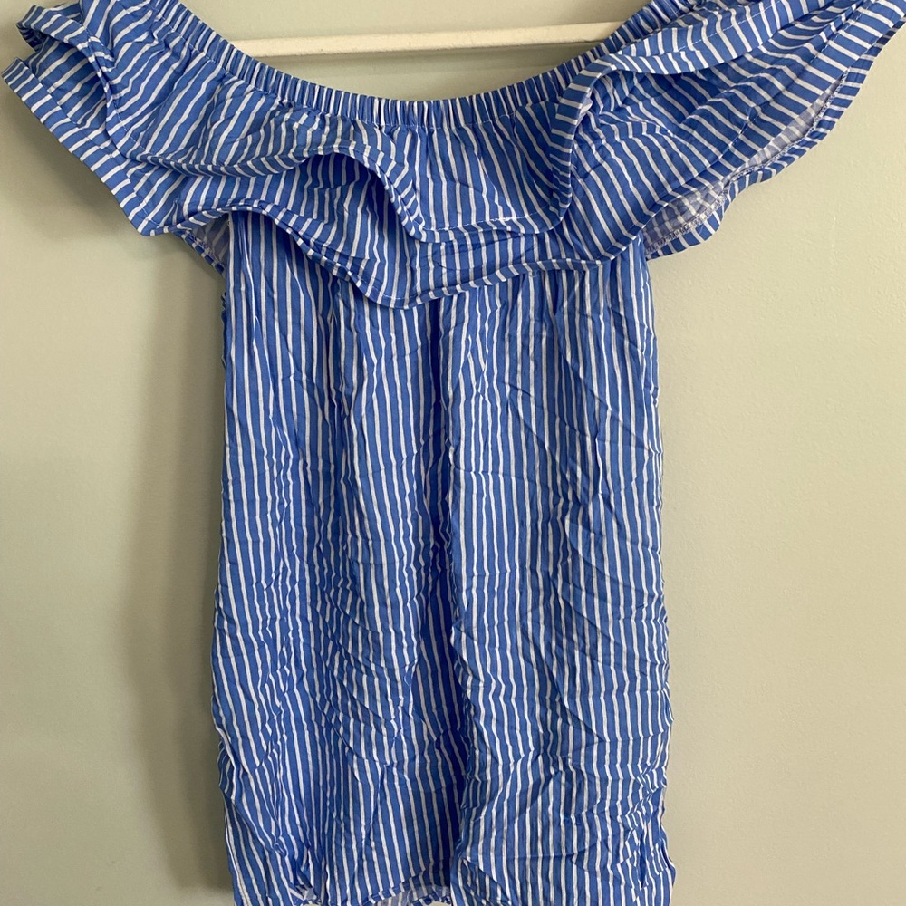 Women’s Blue and White Vertical Stripe Off the Shoulder Dress with Ruffle Top